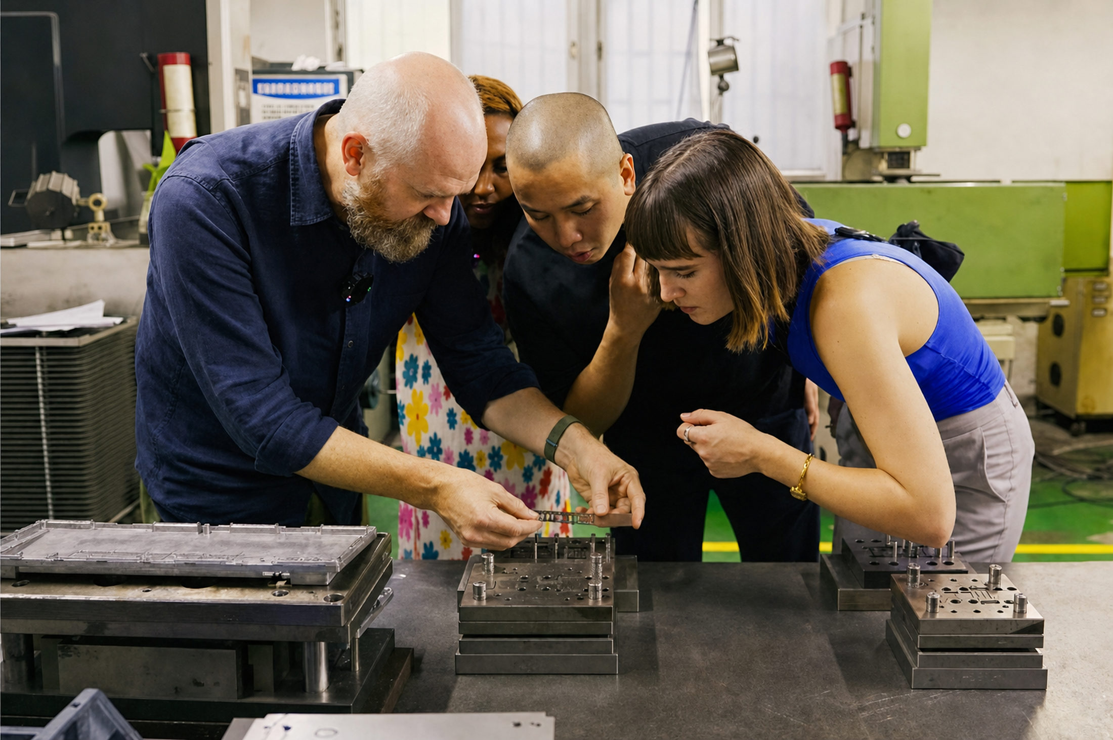 Three people leaning in together over tooling on a workshop bench, all looking at the same small part