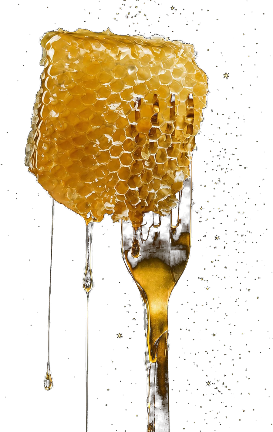 A slab of honeycomb balanced on a gold fork against black, honey running off its lower edge in long threads