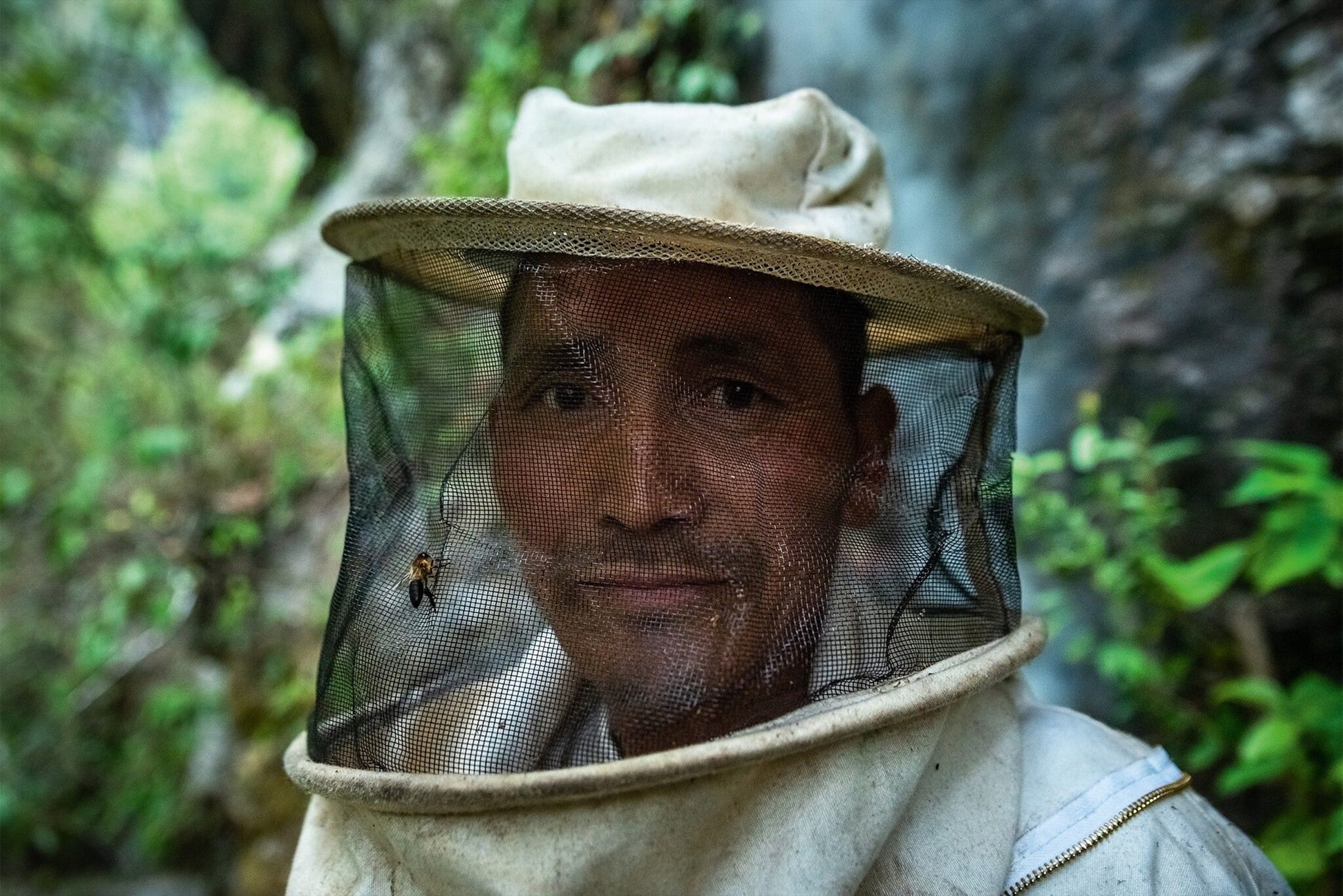 A honey hunter in a canvas veil, his face clear through the mesh, a single bee resting on it, forest and falling water behind him