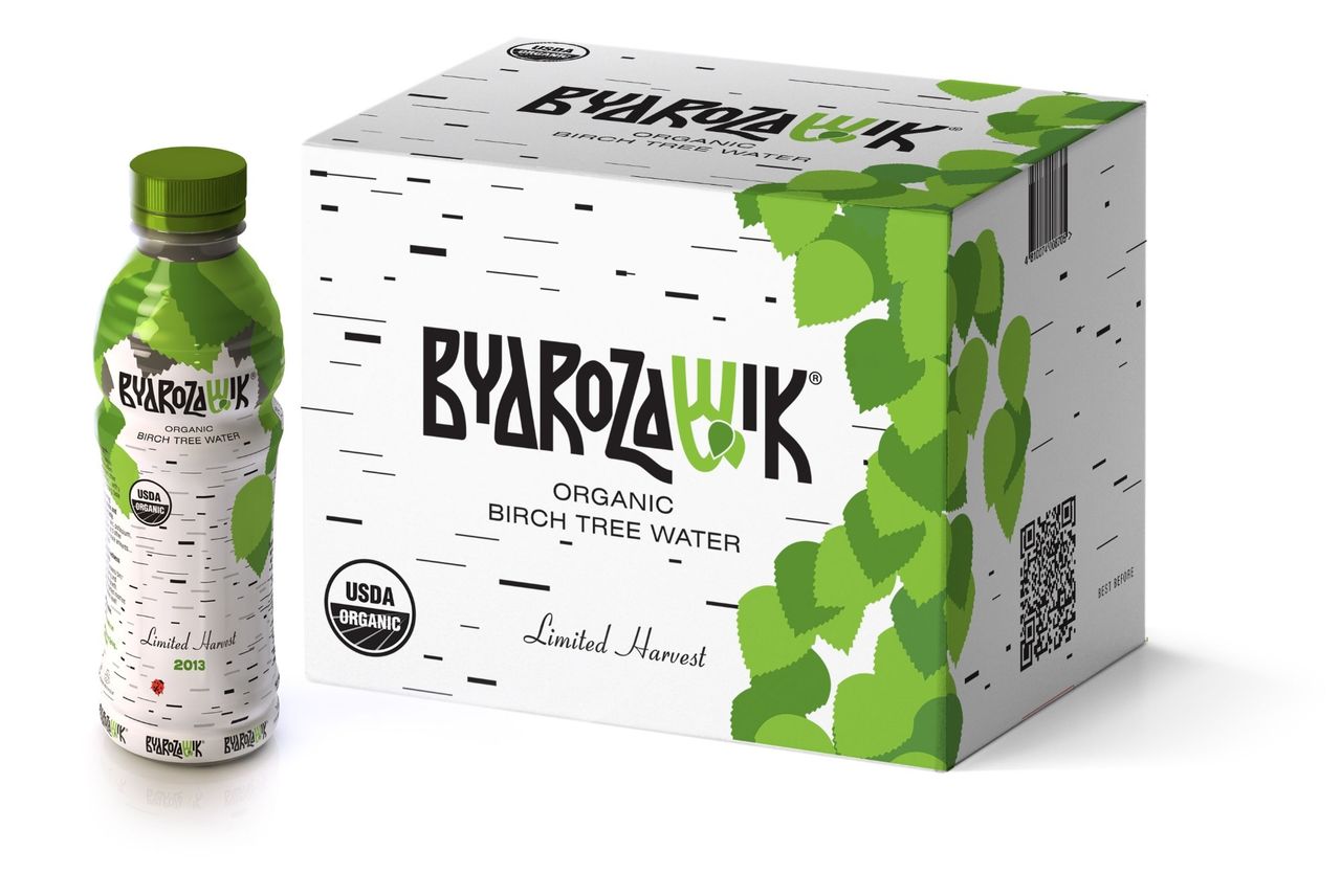 The half-litre Byarozavik organic birch tree water bottle beside its 12-bottle Limited Harvest case