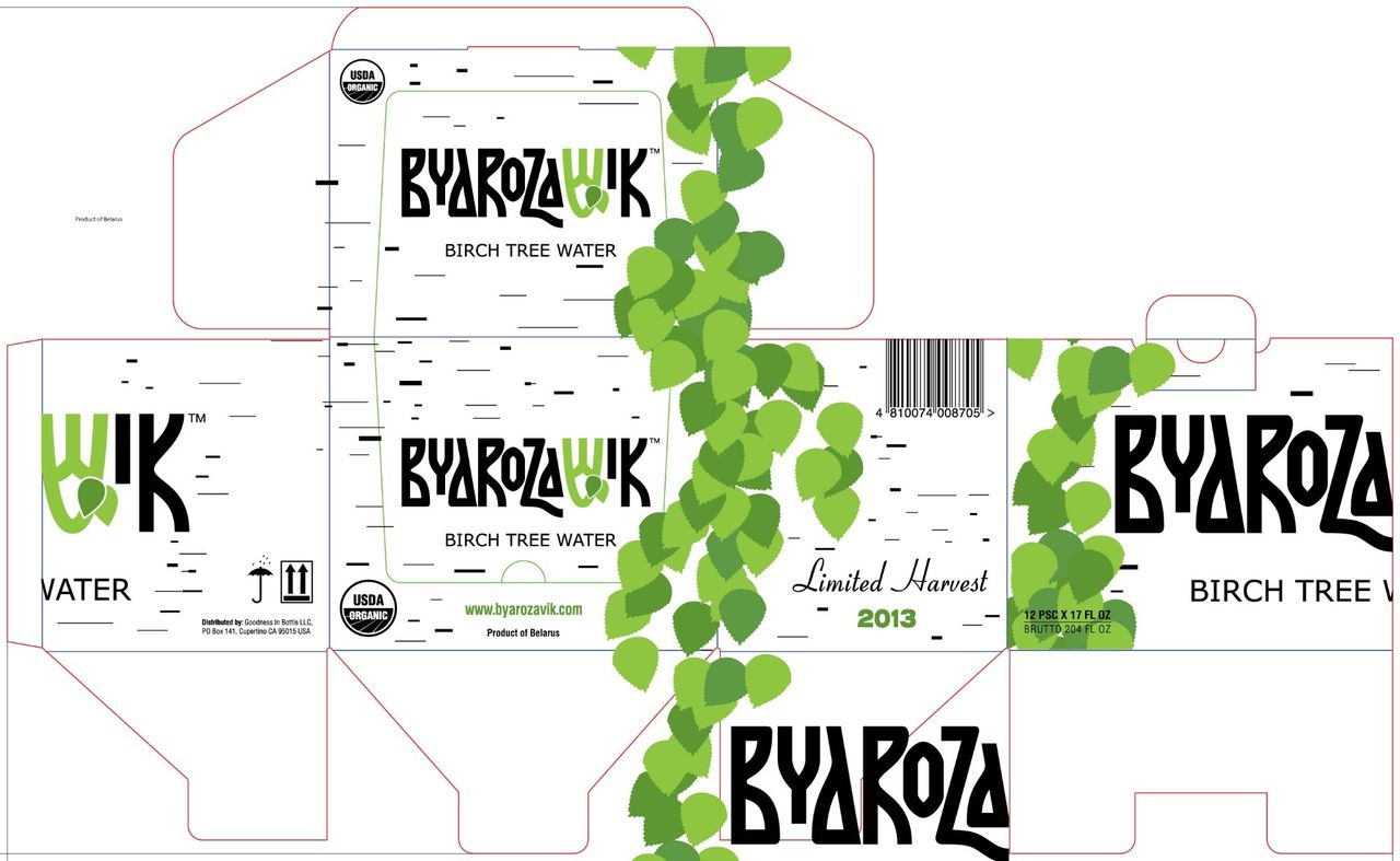 The flat die-cut of the 12-bottle case: birch bark, a climb of green leaves, the Byarozavik logo and the 2013 Limited Harvest mark
