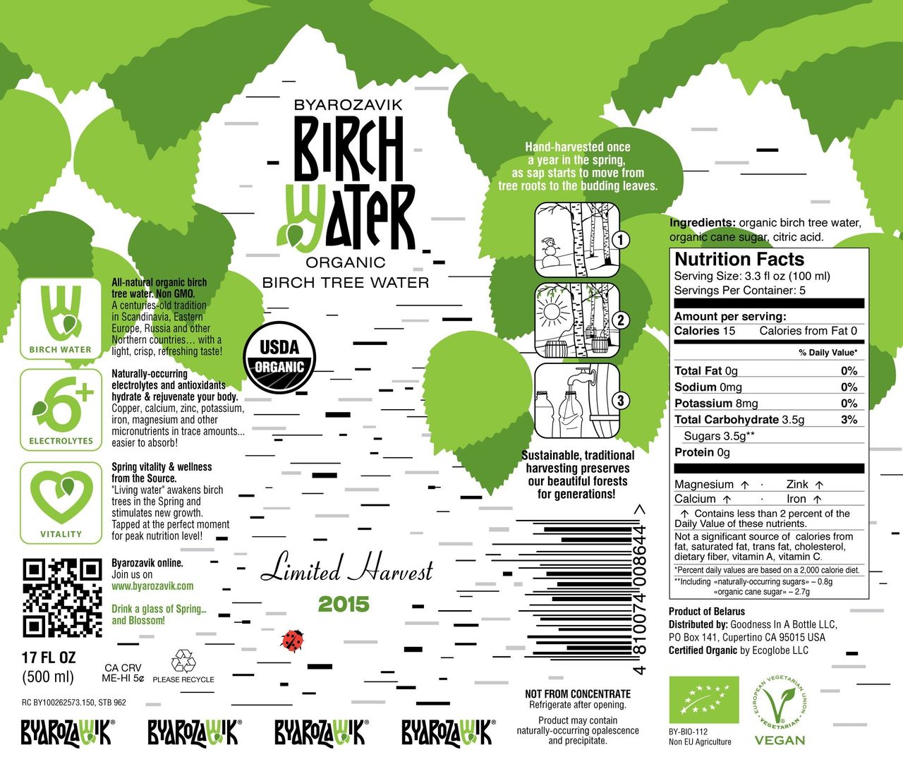 The flat wraparound bottle label for the US market, with the harvesting steps and a nutrition panel