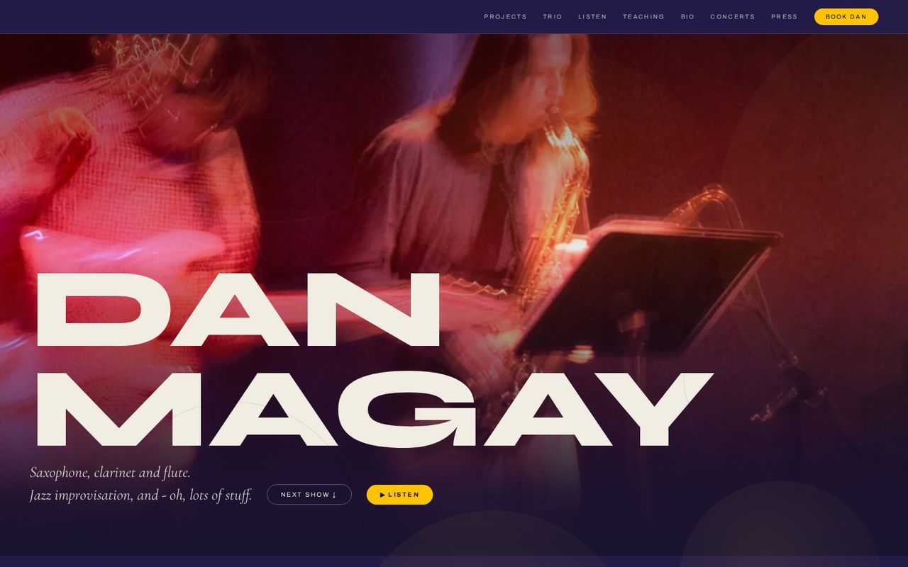 The Dan Magay Music home page on a desktop screen, with the phone version inset