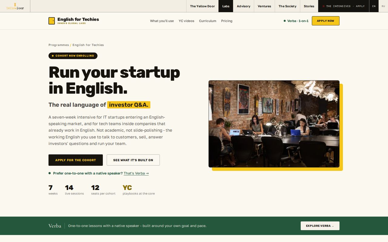 The English for Techies home page on a desktop screen, with the phone version inset