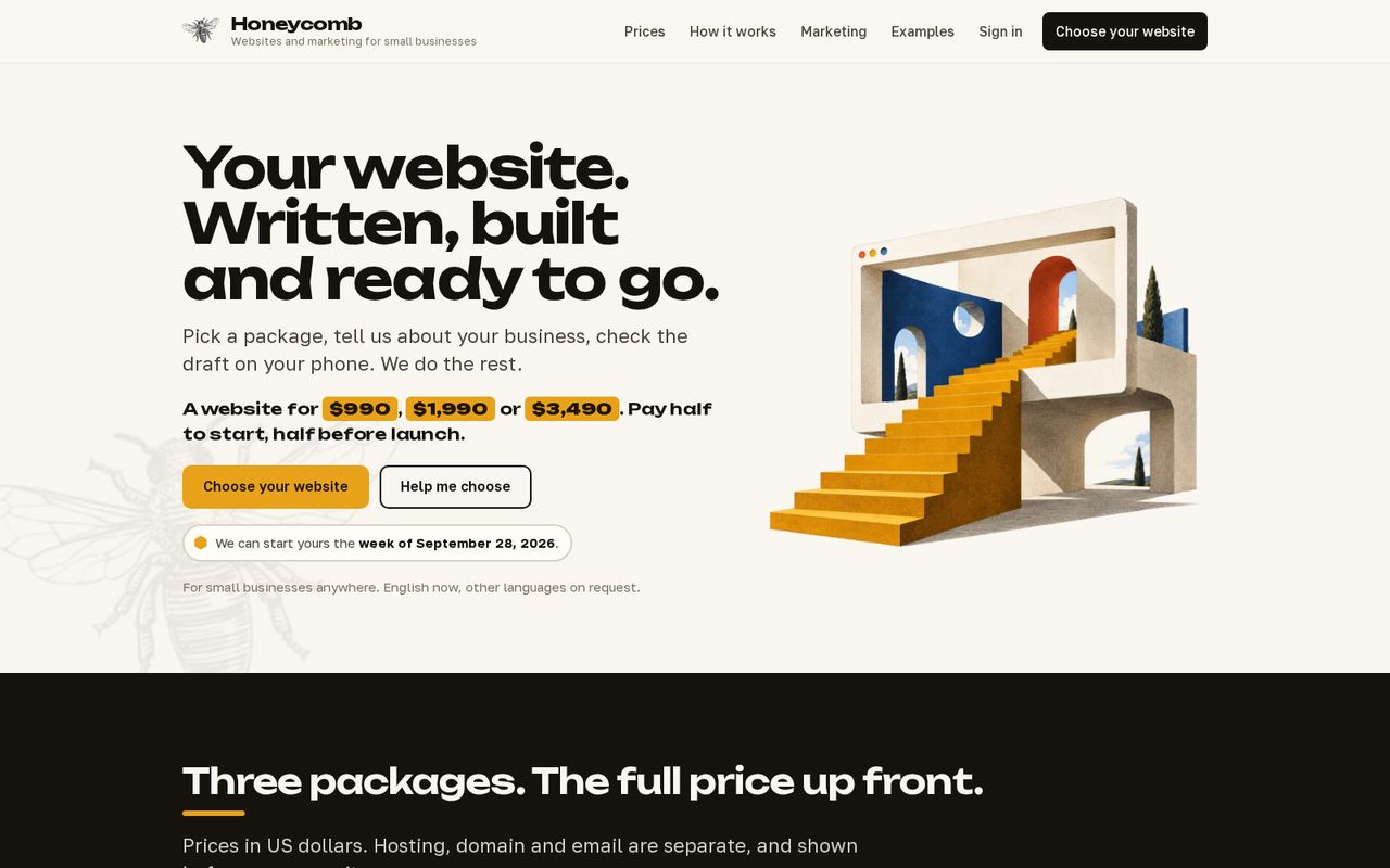 The Honeycomb home page on a desktop screen, with the phone version inset