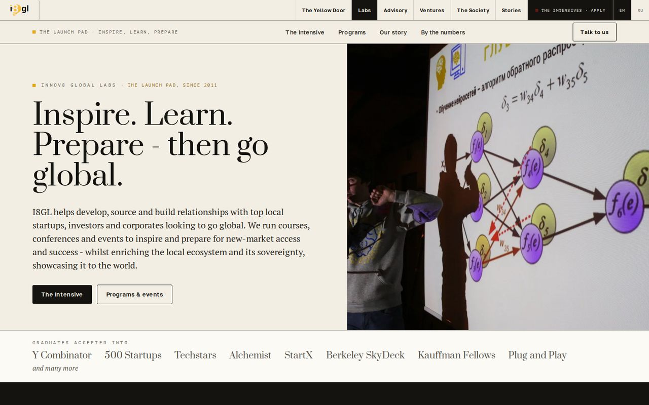 The Innov8 Global Labs home page on a desktop screen, with the phone version inset