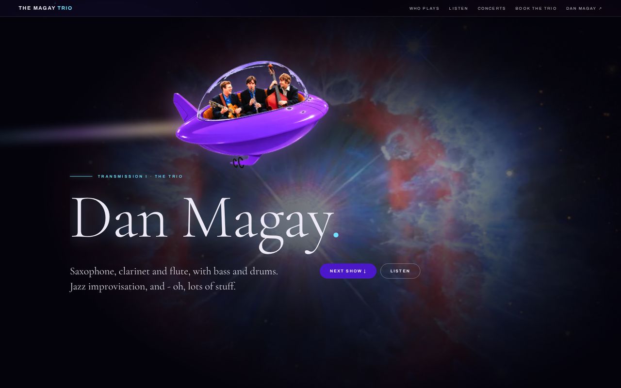 The The Magay Trio home page on a desktop screen, with the phone version inset