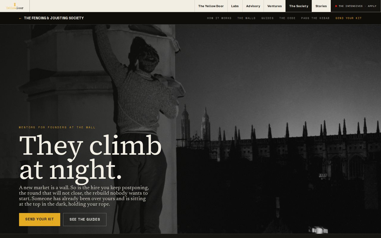 The The Night Climbers home page on a desktop screen, with the phone version inset