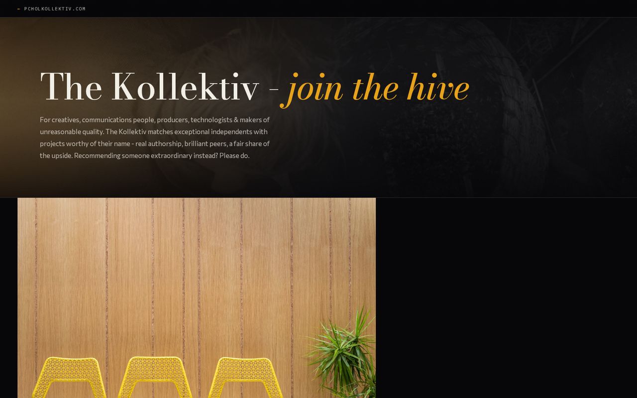 The Pchol Kollektiv home page on a desktop screen, with the phone version inset