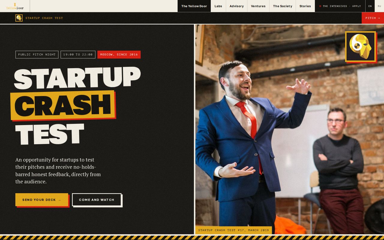 The Startup Crash Test home page on a desktop screen, with the phone version inset