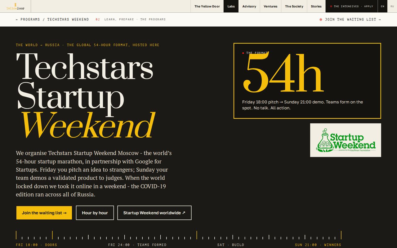 The Techstars Startup Weekend Moscow home page on a desktop screen, with the phone version inset